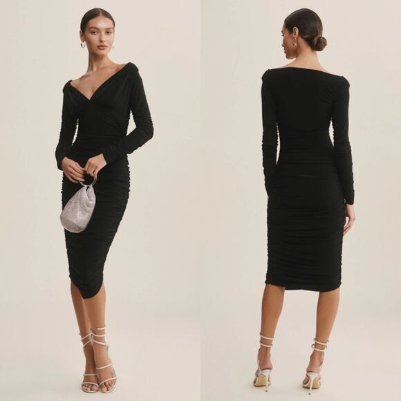 Norma Kamali Tara Long-Sleeve Deep-V Ruched Stretch Jersey Midi Dress $175 - Picture 1 of 11
